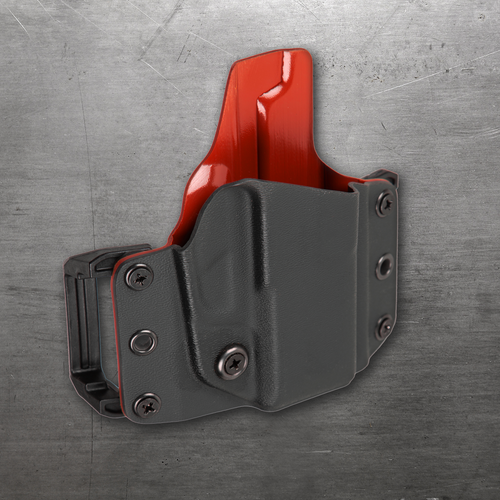 Gray holster with red accent on a metallic background